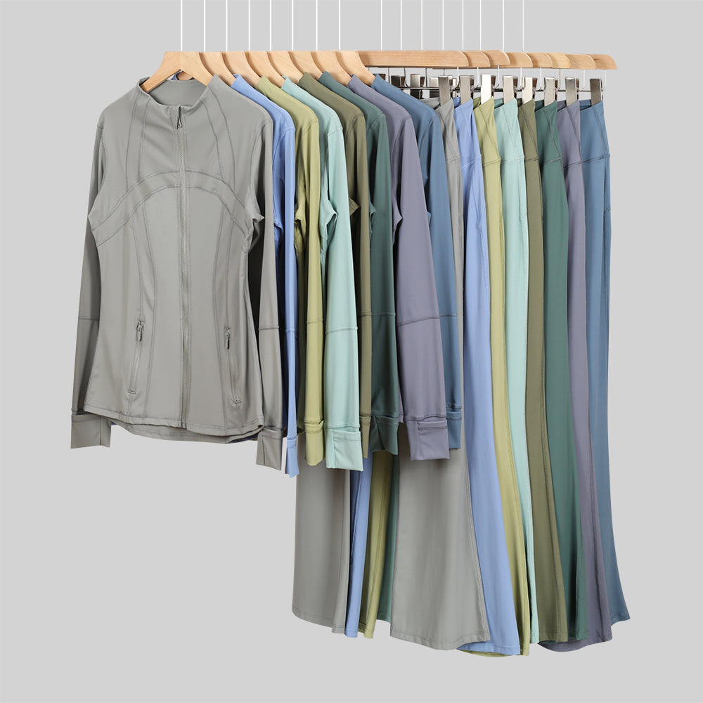 Lu One Colour Zip Jacket & Flared Leggings Gym Sets (42 Colours)