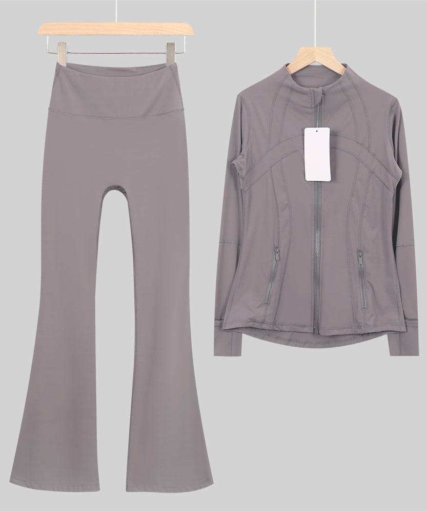 Lu One Colour Zip Jacket & Flared Leggings Gym Sets (42 Colours)