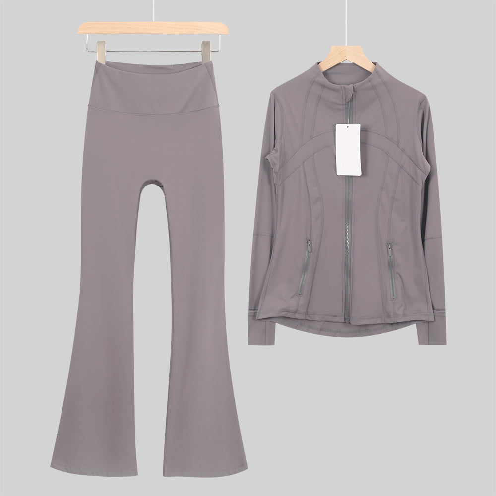 Lu One Colour Zip Jacket & Flared Leggings Gym Sets (42 Colours)