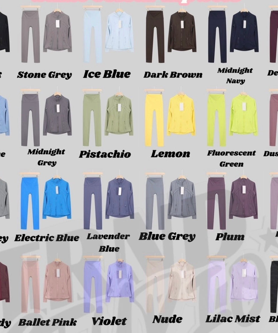 Lu One Colour Zip leggings Gym Sets (42 Colours)
