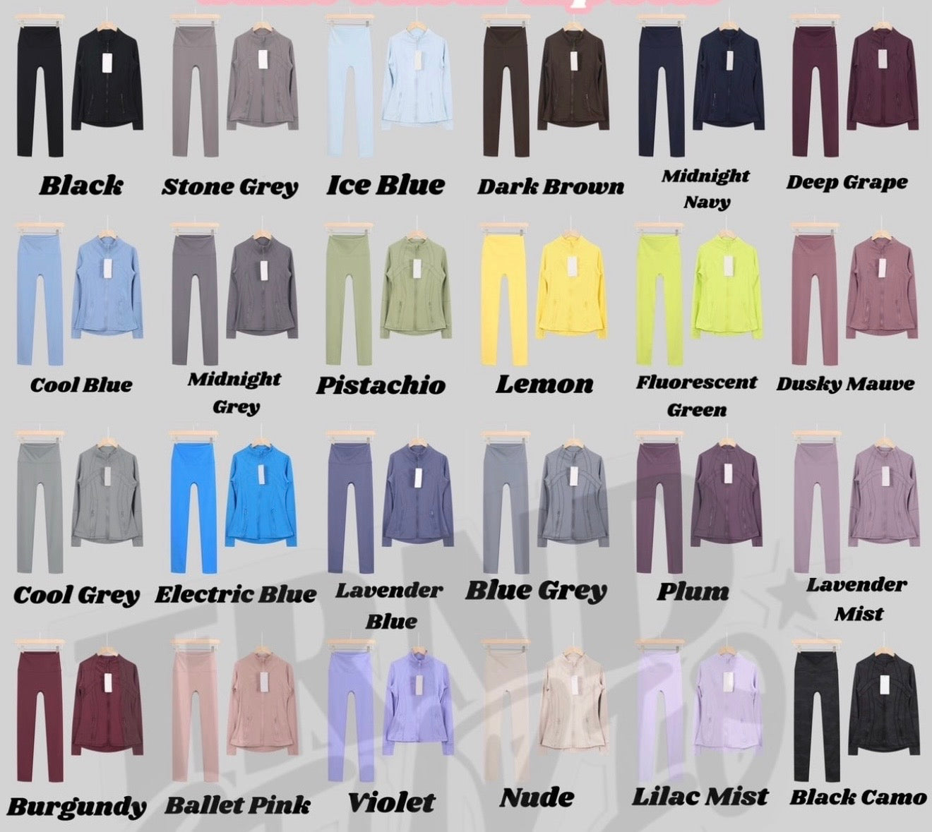 Lu One Colour Zip leggings Gym Sets (42 Colours)