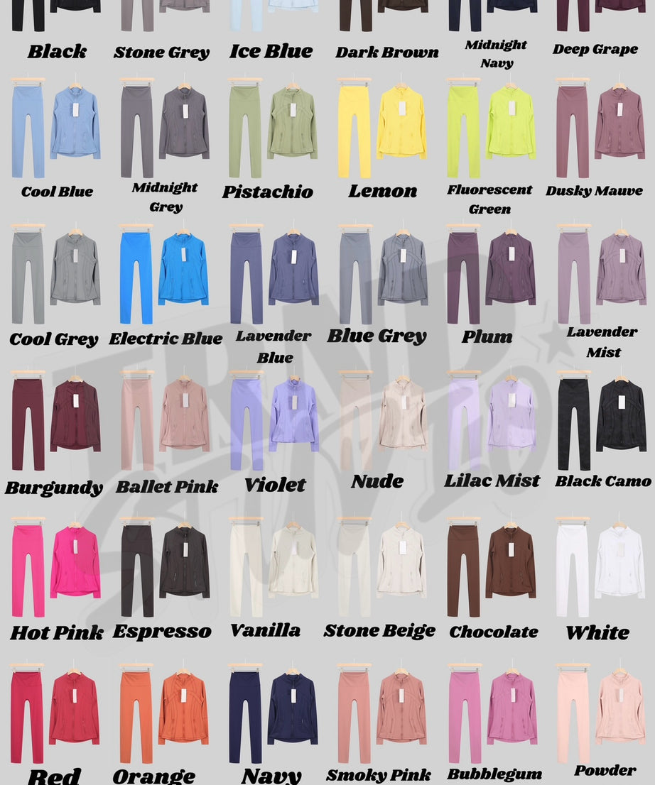 Lu One Colour Zip leggings Gym Sets (42 Colours)
