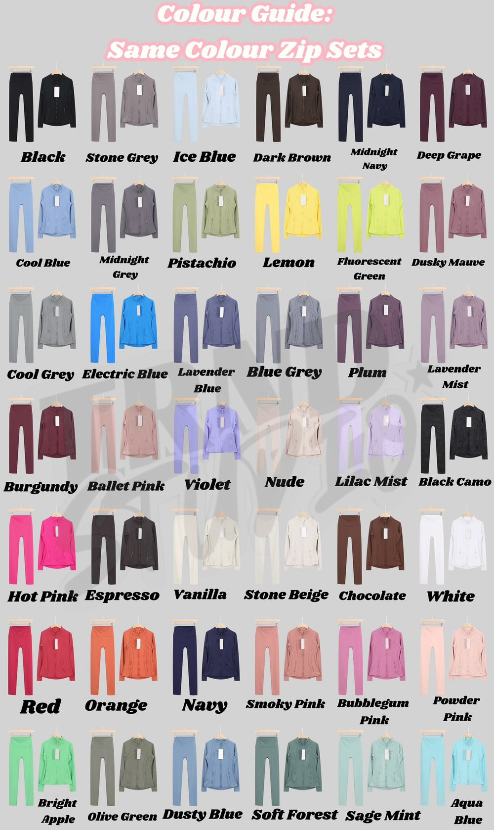 Lu One Colour Zip leggings Gym Sets (42 Colours)