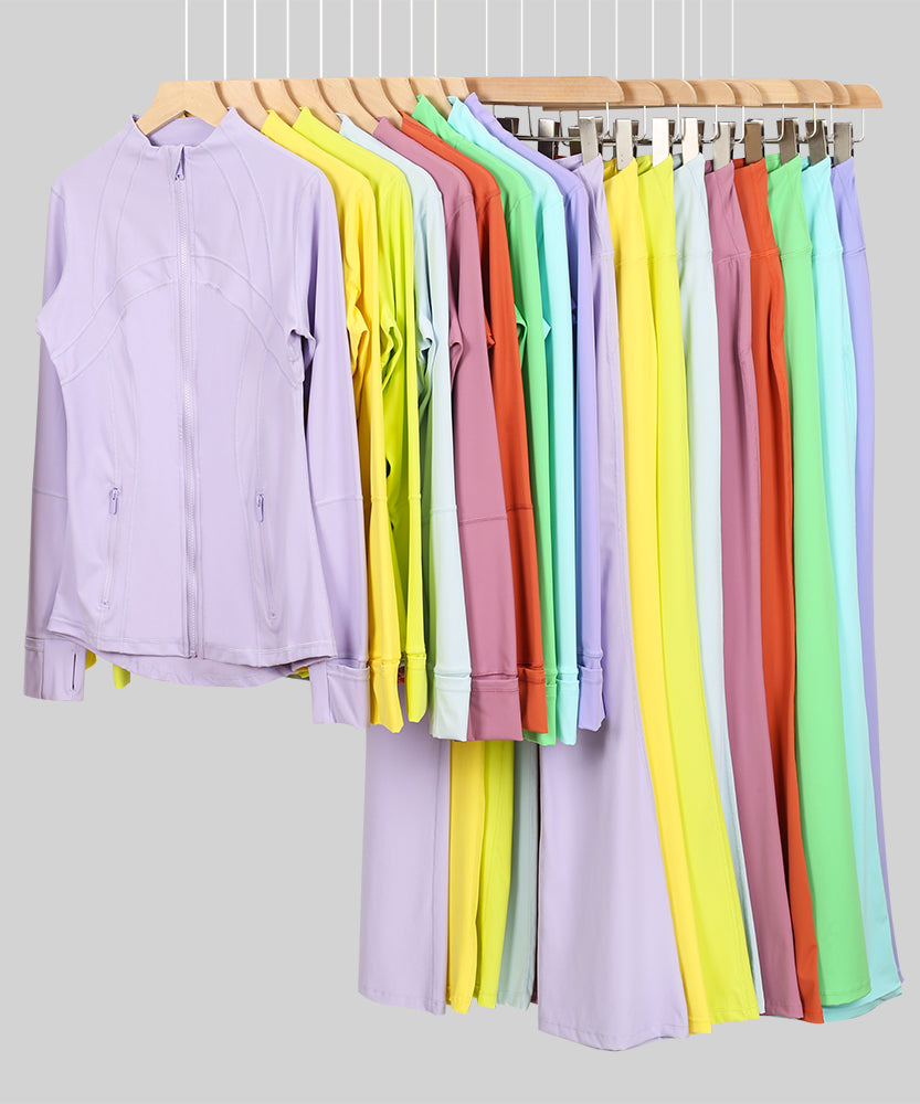 Lu One Colour Zip Jacket & Flared Leggings Gym Sets (42 Colours)