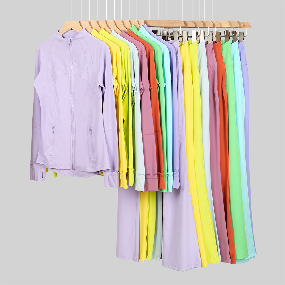 Lu One Colour Zip Jacket & Flared Leggings Gym Sets (42 Colours)