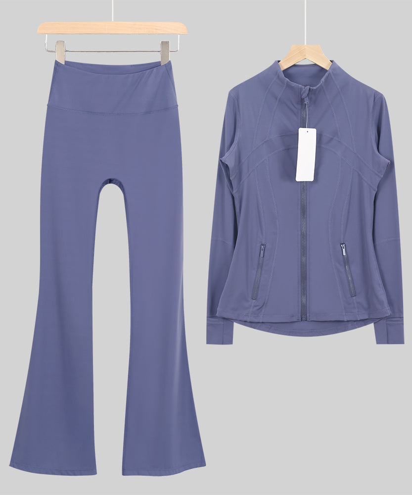 Lu One Colour Zip Jacket & Flared Leggings Gym Sets (42 Colours)