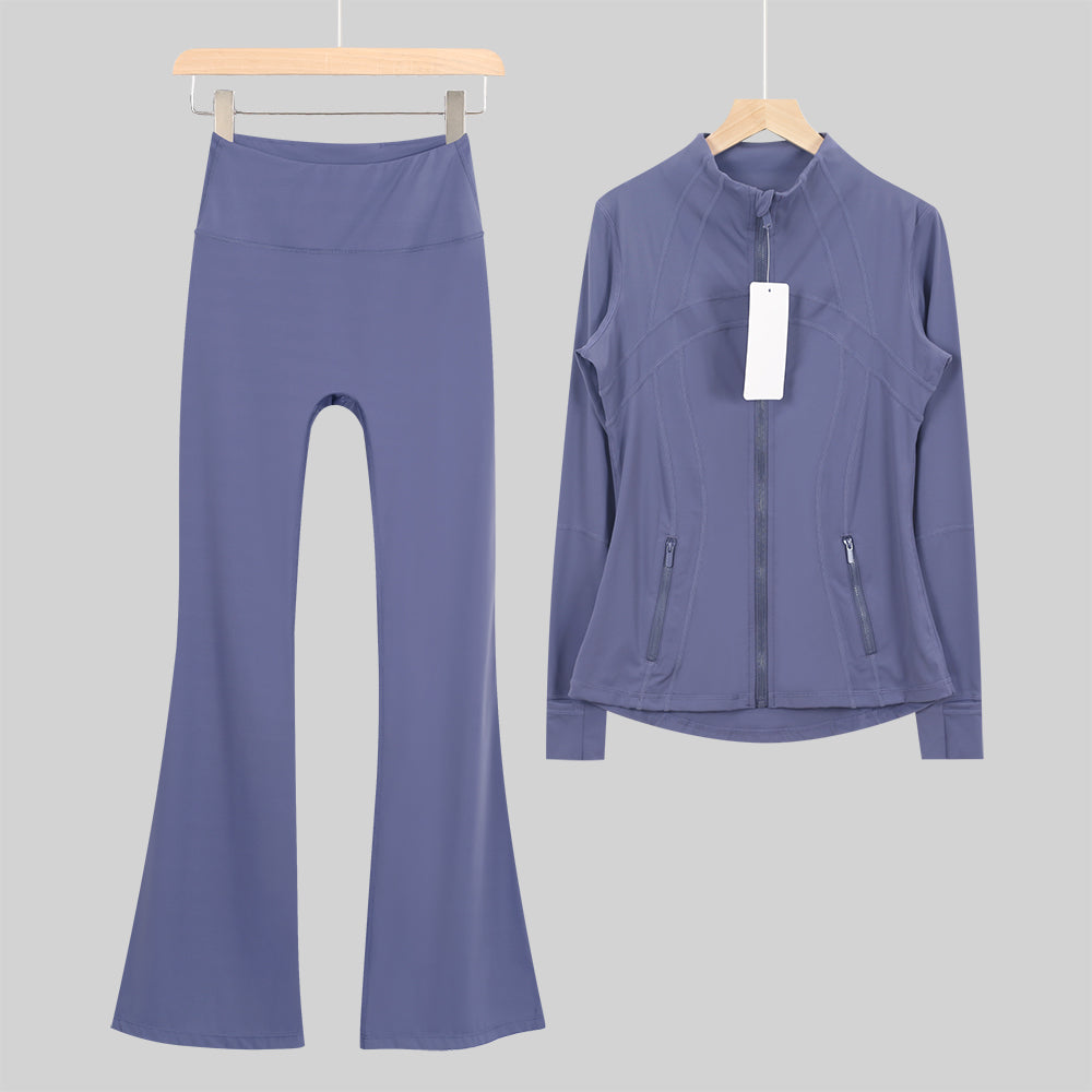 Lu One Colour Zip Jacket & Flared Leggings Gym Sets (42 Colours)