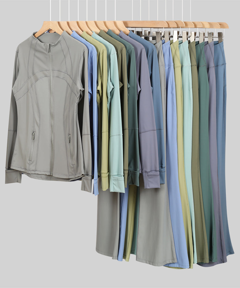 Lu One Colour Zip Jacket & Flared Leggings Gym Sets (42 Colours)
