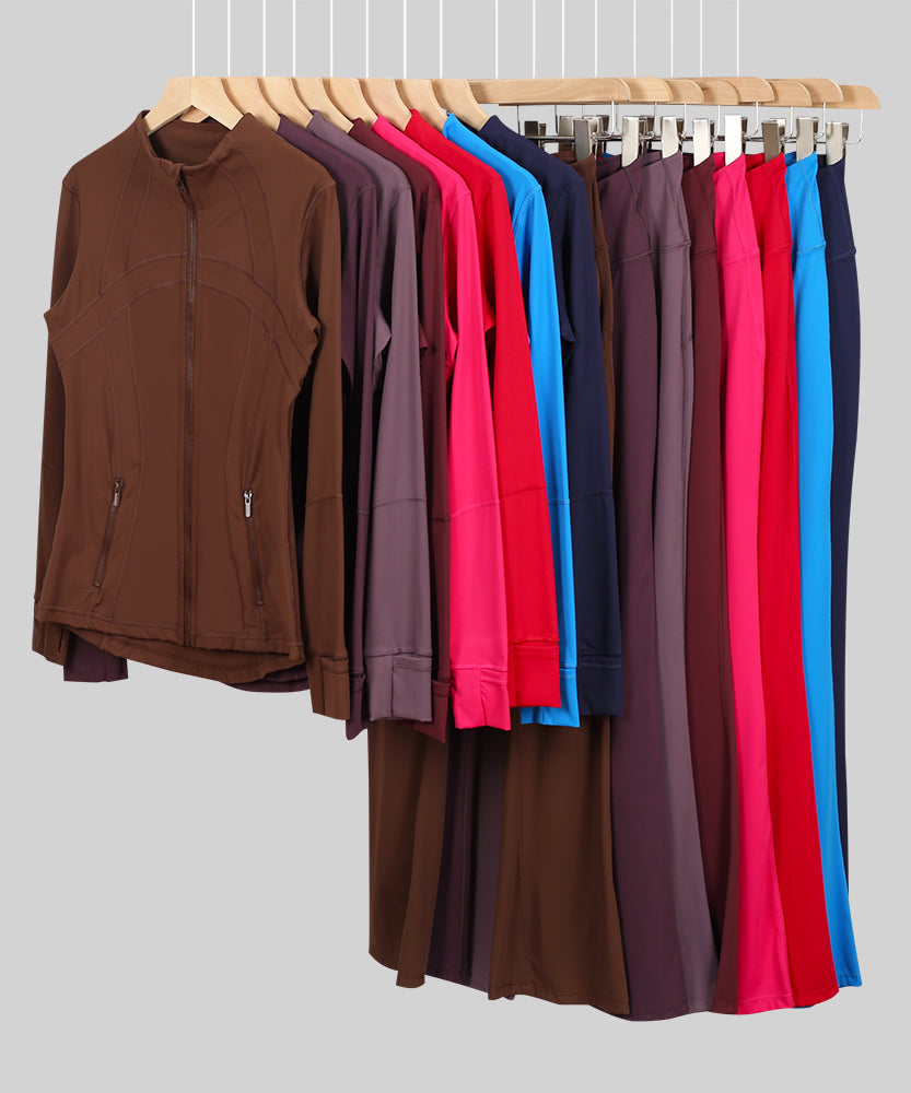 Lu One Colour Zip Jacket & Flared Leggings Gym Sets (42 Colours)