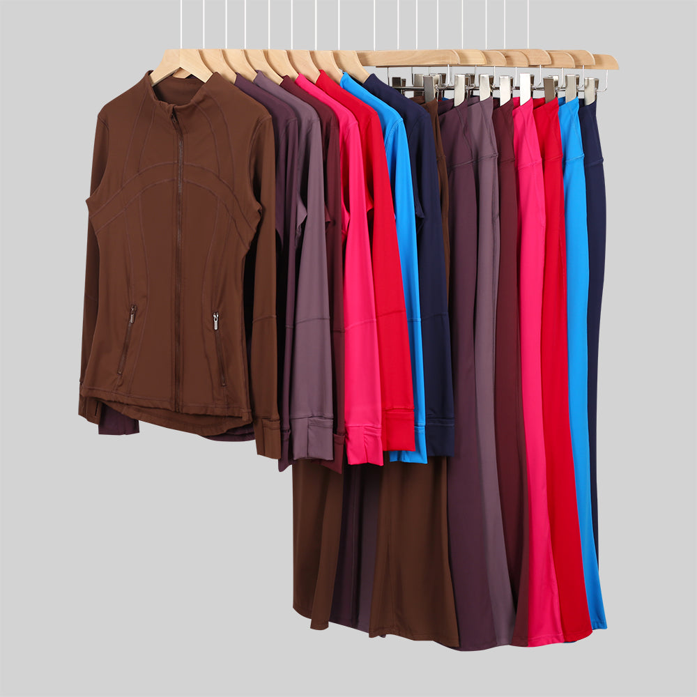 Lu One Colour Zip Jacket & Flared Leggings Gym Sets (42 Colours)