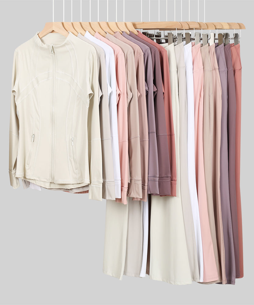 Lu One Colour Zip Jacket & Flared Leggings Gym Sets (42 Colours)