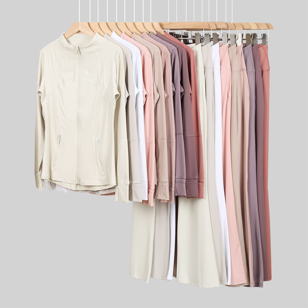 Lu One Colour Zip Jacket & Flared Leggings Gym Sets (42 Colours)