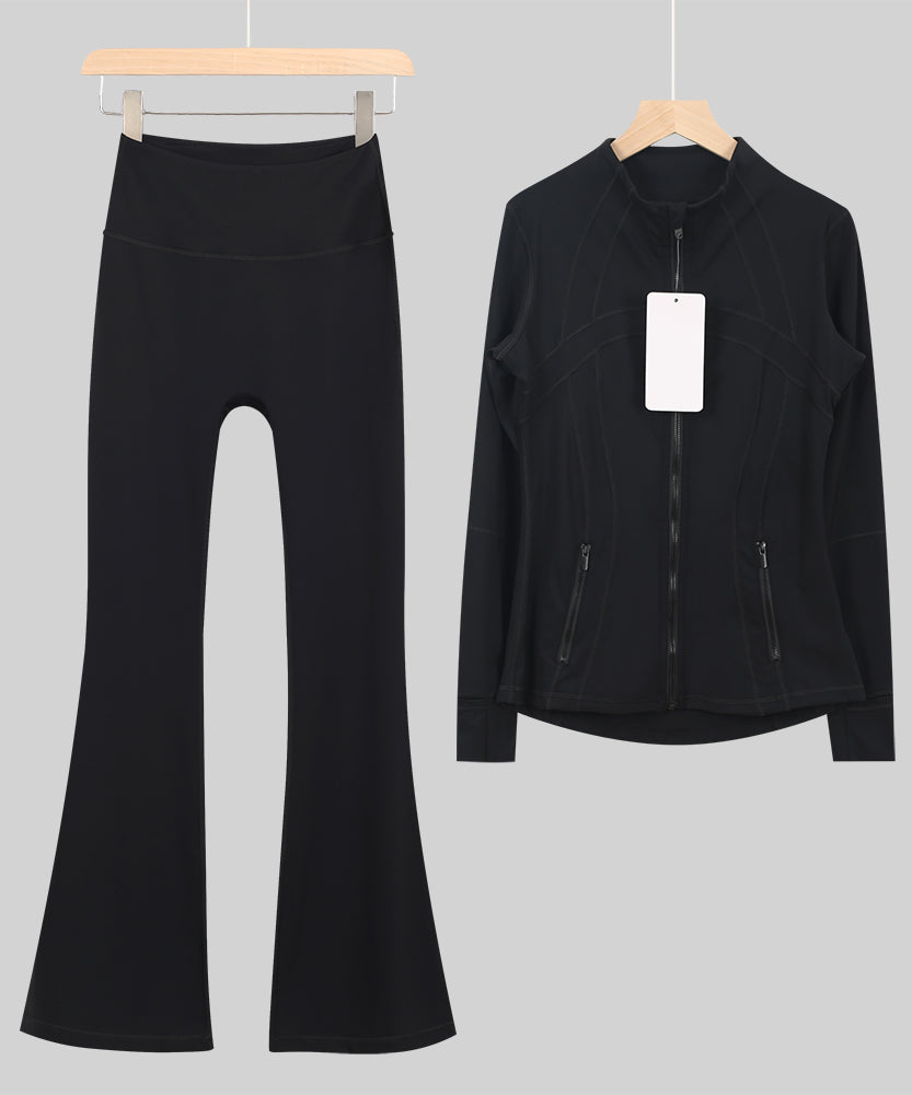 Lu One Colour Zip Jacket & Flared Leggings Gym Sets (42 Colours)