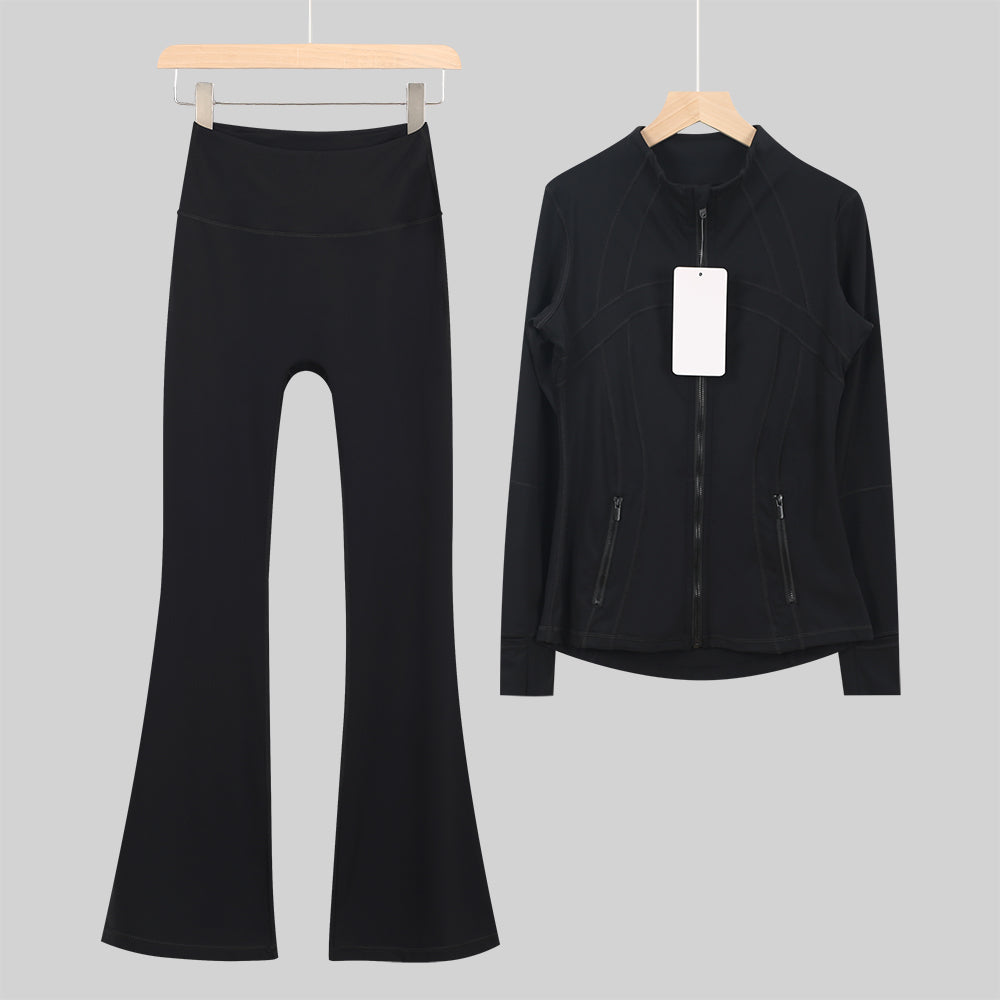 Lu One Colour Zip Jacket & Flared Leggings Gym Sets (42 Colours)