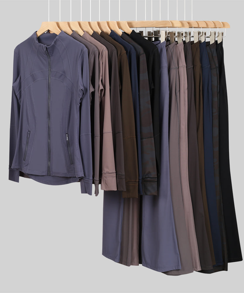 Lu One Colour Zip Jacket & Flared Leggings Gym Sets (42 Colours)